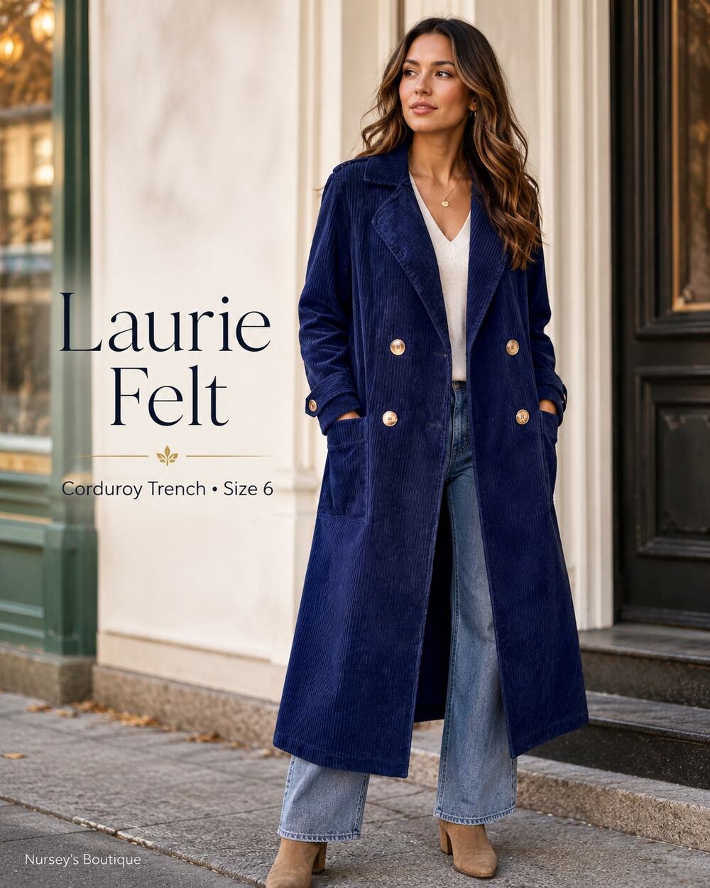 Laurie Felt Blue Corduroy Long Trench Coat Women’s Size 6  Description